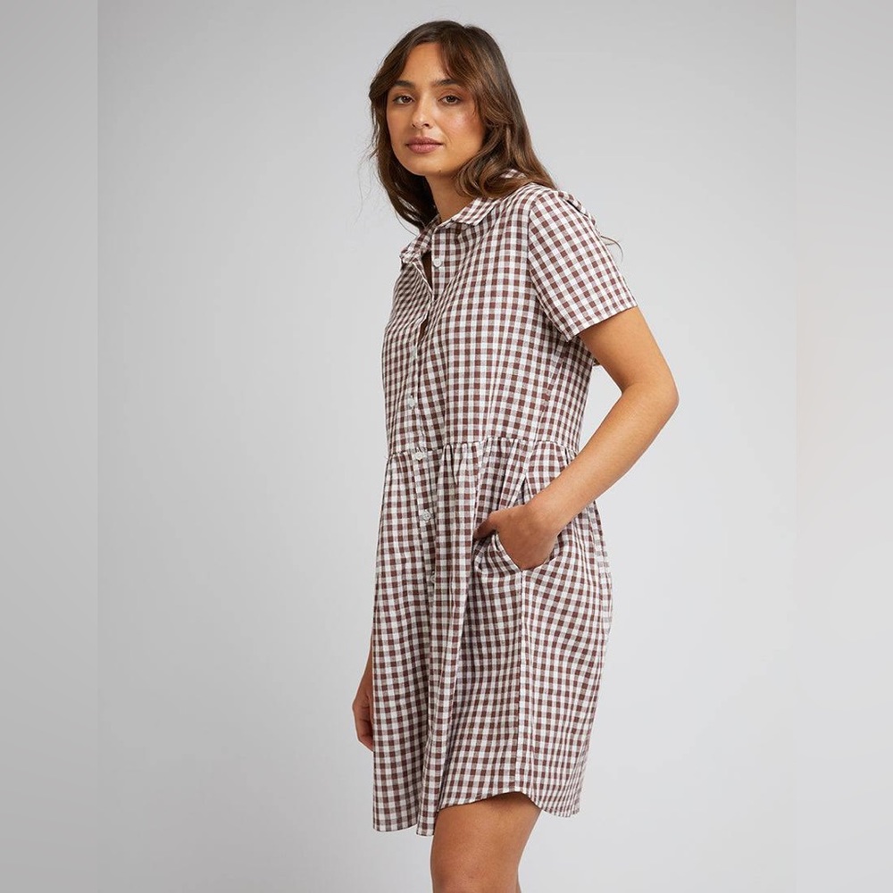 Medium Maroon Gingham Drop Waist Collared Shirt D… - image 1